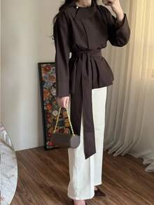 Women's Elegant British Style Asymmetric Lapel Design Long Sleeve Cinched Waist Waist Blouse, Solid Color Belt Front Button Closure, Vintage Versatile Commute Office Daily Date - Brown - View 10