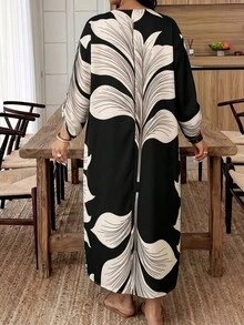 CHARIS Plus Size Bohemian Tropical Leaf Print V-Neck Dress, Rolled Sleeve Loose Casual Midi Dress, Vacation Beach Daily Wear Elegant - Multicolor - View 5