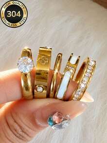 5pcs/Set 18K Gold Plated Women's Luxury Niche Stainless Steel Ring Set, Suitable For Wedding/Engagement/Promise/Anniversary Occasions, Daily Commute, Banquet Party Outfit Accessories, Exquisite Gift For Halloween, Christmas, Mother's Day - Gold - View 11