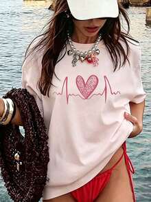 Plus Size Women's Leopard Print Heart EKG Heartbeat Line Graphic Crew Neck Short Sleeve T-Shirt Loose Fit Basic Top Pink Casual Summer - Pink - View 4