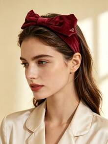 L'Occitane Burgundy Velvet Large Bow Embroidered Logo Wide Headband, Non-Slip Face Wash Headband, Vintage French Elegant Women's Hairband LOCCITANE-GIFT-49 - Red - View 3