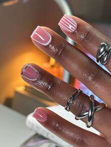24 Peças Unhas Postiças Acrílicas Estilo Francês Retangulares com Borda Branca, Design Listrado 3D, Inclui Cola Gel e Lixa de Unha - Multicolorido - Visão 1