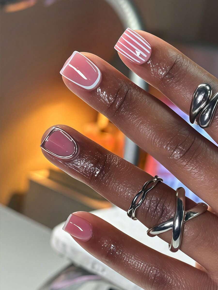 24 Peças Unhas Postiças Acrílicas Estilo Francês Retangulares com Borda Branca, Design Listrado 3D, Inclui Cola Gel e Lixa de Unha - Multicolorido - Visão 1