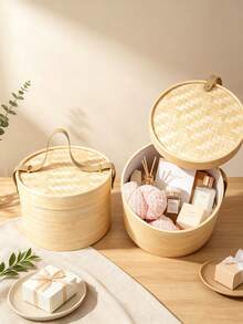 Natural Bamboo Woven Gift Box With Leather Handle, Round Handheld Storage Basket, Reusable Holiday Gift Packaging Box, Wedding Gift, Home Decor - Multicolor - View 5