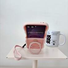2pcs Cute Wavy Edge Matte Magnetic Phone Case Compatible With Samsung Galaxy Z Flip 8 Flip 6 Flip 5 Flip 4 , Rotatable Metal Ring Kickstand With Matching Hand Strap Shockproof Foldable Wireless Charging Protective Cover - Pink - View 3