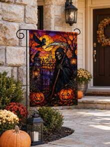 1 pieza Bandera de jardín de lino de Halloween, con estampado de vidriera de la parca, calabaza, cuervo, luna llena, puerta del cementerio y telaraña, con funda para poste, decoración gótica para exteriores para césped, porche, patio, camino, casa embrujada y decoración de fiesta de Halloween - Multicolor - Ver 2