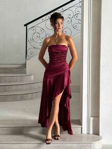 Women's Summer Red Strapless Satin Slit Slip Dress For Party, Holiday, Back To School - Burgundy - View 3