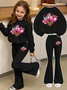 Girls Casual Loose Heart Print Sweatshirt Set, Suitable For Autumn/Winter, Young Girls Sports Outfit Set - Black - View 1