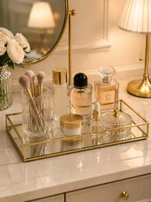 1pc Nordic Rectangular Transparent Glass Jewelry Tray, Gold Iron Frame Mirrored Glass Bottom Storage Box, Organizer For Perfume Cosmetics Makeup Brushes Lipstick Accessories, Vanity Home Decor - Multicolor - View 1