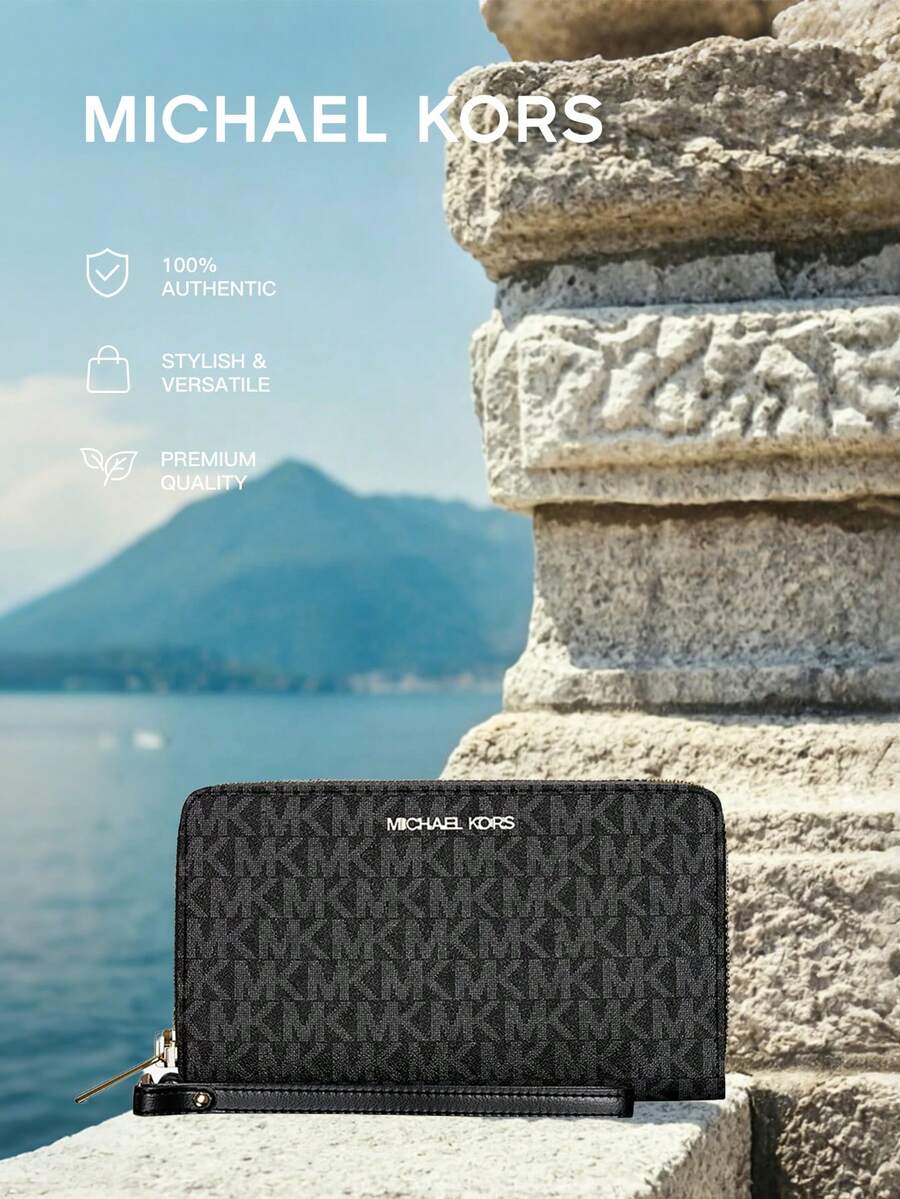Michael Kors Dompet Ponsel Logo Khas Jet Set Ukuran Besar, Tas Pergelangan Tangan Kulit, Dompet Koin Modis, Cocok untuk Berbelanja, Dompet Hadiah untuk Wanita - Hitam - View 1