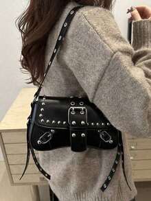 Bolso de hombro pequeño cuadrado con remaches estilo punk retro Y2K para mujer - Negro - Ver 3
