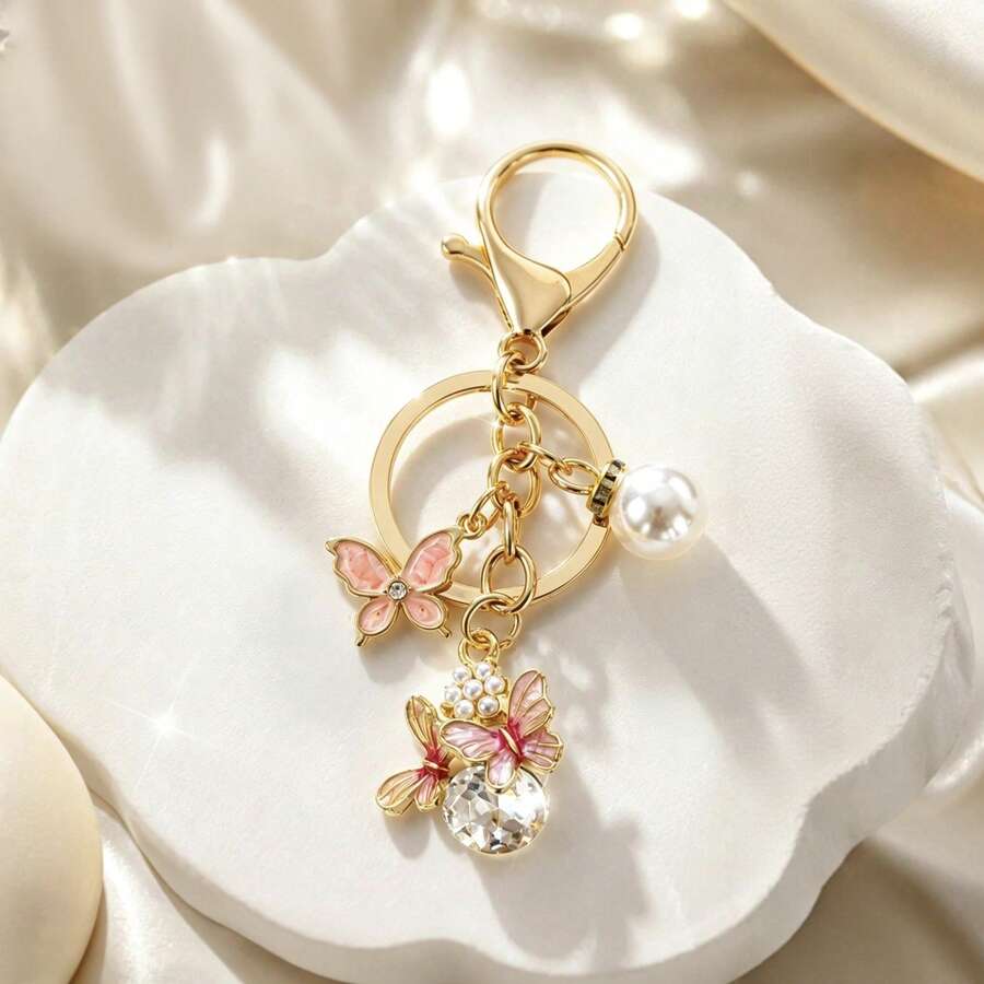 1件裝女款鏤空蝴蝶鑲水鑽蝴蝶鑰匙圈,仿珍珠吊墜飾品,精緻優雅蝴蝶裝飾,閨蜜禮物,包包掛飾 - 彩色 - 查看 1