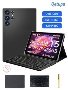 Qetupa 10.1-Inch Android 15 Tablet With Case, Keyboard, And Stylus, 8GB RAM + 128GB/256GB Storage (Supports 1TB SD Card Expansion), HD (1280x800) Touchscreen, 5MP Front Camera And 13MP Rear Camera, 6000mAh Battery (Charging Adapter Not Included) - Black - View 1