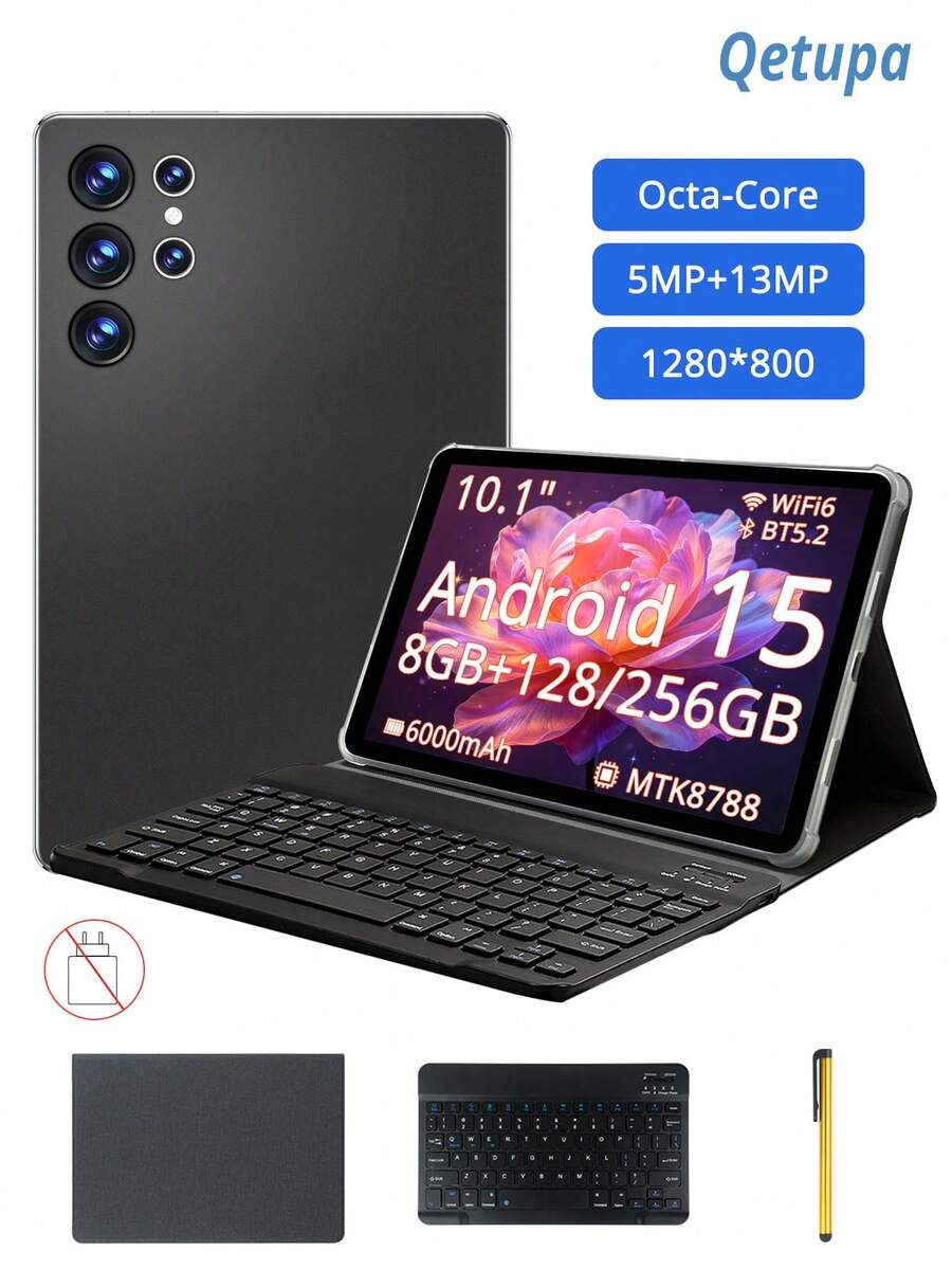 Qetupa 10.1-Inch Android 15 Tablet With Case, Keyboard, And Stylus, 8GB RAM + 128GB/256GB Storage (Supports 1TB SD Card Expansion), HD (1280x800) Touchscreen, 5MP Front Camera And 13MP Rear Camera, 6000mAh Battery (Charging Adapter Not Included) - Black - View 1