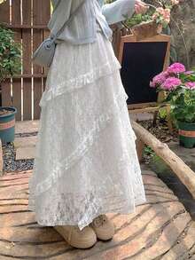 Women's Lace French A-Line Waist Puff Cake Skirt White - White - View 2