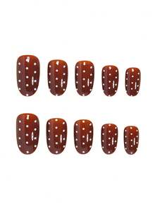 24pcs Oval Nail Tips Fashion White Polka Dot Brown Full Coverage Fake Nails Pointed Shape With 1pc Jelly Glue And 1pc Mini Nail File, Jelly Glue Randomly Sent - Brown - View 3