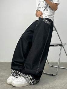 Justice Brother 1pc American Streetwear Brand Personalized Design Patchwork Leopard Print Men's Denim Jeans All Season Wide Leg Loose Fashion Versatile Long Pants (Belt/Accessories Not Included) - Black - View 2