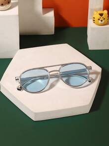 1pc Unisex Kids 6-9 Years Old Double Beam Aviator Fashion Glasses, Lightweight PC Frame, Solid Color Lenses, Casual Style, Suitable For Beach Vacation, Includes Glasses Case - Multicolor - View 8