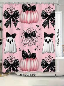 1/3/4 piezas Juego de baño de Halloween con lazo rosa, calabaza y fantasma, incluye cortina de ducha, alfombra de baño en forma de U, alfombra antideslizante, tapa de inodoro y 12 ganchos. Resistente al moho, tela de poliéster, tamaño de la cortina de ducha (72"X72", 35.4"X72", 47.2"X72", 59"X72") y juego a juego, decoración de baño, vacaciones, esencial de viaje. - Serie de Halloween - Ver 18