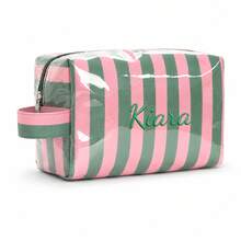 Personalized Striped Makeup Bag With Handle, Large Capacity Cosmetic Organizer, Toiletry Storage Pouch, Zipper Closure Travel Wash Bag, For Daily Use - Multicolor - View 11