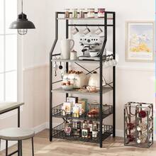 5-Tier Industrial Bakers Rack For Kitchen Organization - Microwave Oven Stand With 2 Large Wire Baskets, 8 Hooks, Utility Storage Shelf, Coffee Bar Station - Black - View 10