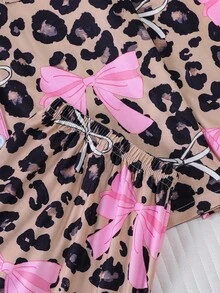 2pcs/Set Women Plus Size Pajama Set, Leopard Print Bow Design, Women Loungewear, Long Sleeve Lapel Top And Pants, Can Be Worn Out - Multicolor - View 7