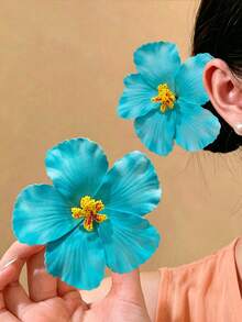 2pcs Women's Turquoise Hibiscus Tropical Floral Hair Clips, Suitable For Summer Beach Vacation, Travel, Daily Wear, Festival Party Hair Accessories - Turquoise - View 2