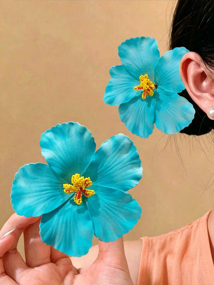 2pcs Women's Turquoise Hibiscus Tropical Floral Hair Clips, Suitable For Summer Beach Vacation, Travel, Daily Wear, Festival Party Hair Accessories
