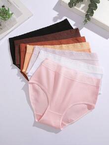 FINETOO 7pcs Lace Waistband Ribbed Cotton Women's Panties, High Waist Skin-Friendly Multi-Color Assorted Triangle Briefs - Multicolor - View 3