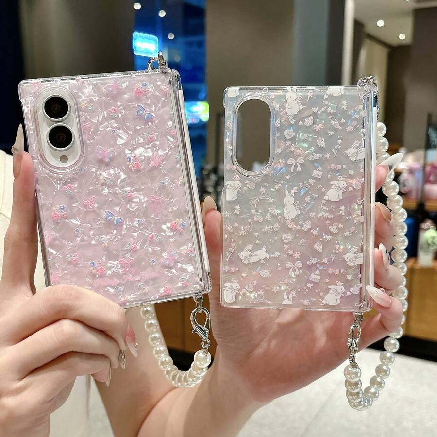 1pc Side Buckle Shell Pattern Center Axis Magnetic Fresh Ditsy Floral Foldable Phone Case For Girls, Protective Cover, Cute, Popular, Shockproof, Anti-Slip, Smart Phone Case Compatible With Samsung Galaxy Z Fold8 Galaxy Z Fold7 Galaxy Z Fold6 Galaxy Z Fold5