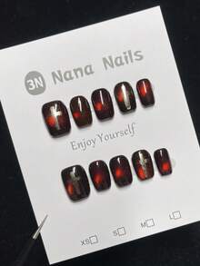 1pack/10pcs-Y2K Dark Altar Nails 3D Silver Cross & Burgundy Glitter Gothic Punk Aesthetic | Hot Short Coffin Nails - Burgundy - View 4