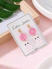 1 Pair Halloween Horror Ghost Faux Clay Texture Pink Flower Design Women's Fashion Earrings, Suitable For Holiday Party Wear And Gifting - Pink - View 1