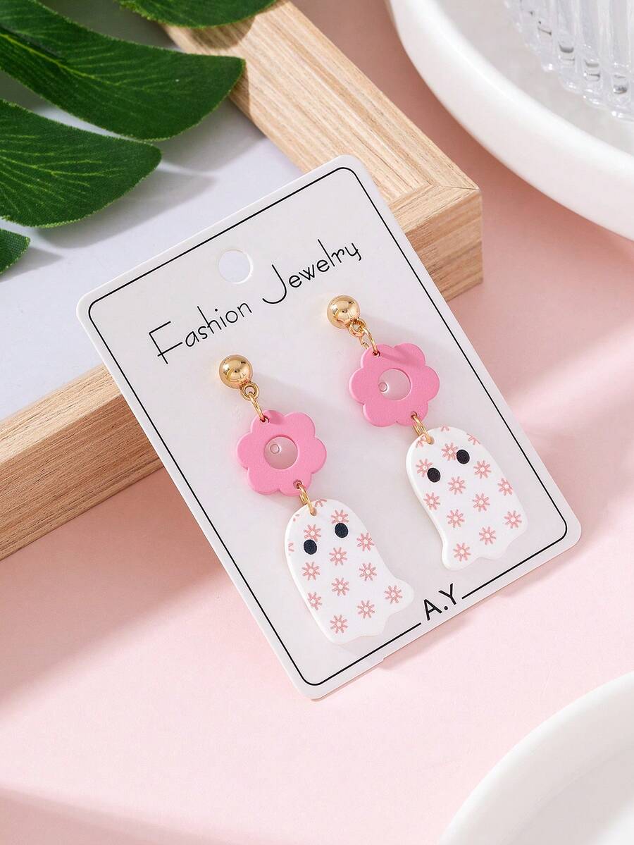1 Pair Halloween Horror Ghost Faux Clay Texture Pink Flower Design Women's Fashion Earrings, Suitable For Holiday Party Wear And Gifting - Pink - View 1