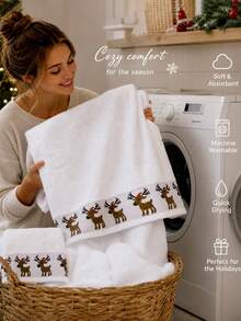 Christmas Reindeer Embroidered Towel 1/2pcs Optional, Absorbent Hand Towel, Christmas Theme Home Use, Bathroom Kitchen Universal Holiday Atmosphere Decorative Towel - Multicolor - View 5