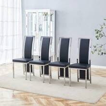 [Set Of 4] European Minimalist Dining Chairs With Silver Trim. Black PU Leather + Silver Metallic Frame - Black - View 6