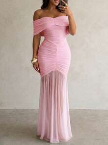 ChicMe Vestido largo con hombros descubiertos y drapeado, vestido de cóctel ajustado sin mangas con silueta de sirena para mujer - Rosa Pálido - Ver 6