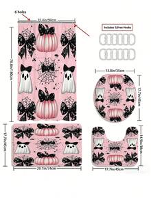 1/3/4 piezas Juego de baño de Halloween con lazo rosa, calabaza y fantasma, incluye cortina de ducha, alfombra de baño en forma de U, alfombra antideslizante, tapa de inodoro y 12 ganchos. Resistente al moho, tela de poliéster, tamaño de la cortina de ducha (72"X72", 35.4"X72", 47.2"X72", 59"X72") y juego a juego, decoración de baño, vacaciones, esencial de viaje. - Serie de Halloween - Ver 13