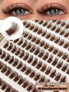 Asiteo 140pcs Glue-Free Fluffy Brown False Eyelashes D Curl Colorful Dense Brown Cat Eye Lashes, Self-Adhesive DIY Eyelash Extensions, Suitable For Home, Travel And Daily Makeup, Suitable For Beginners, Daily Life, Party, Travel, Music Festival - D - View 1
