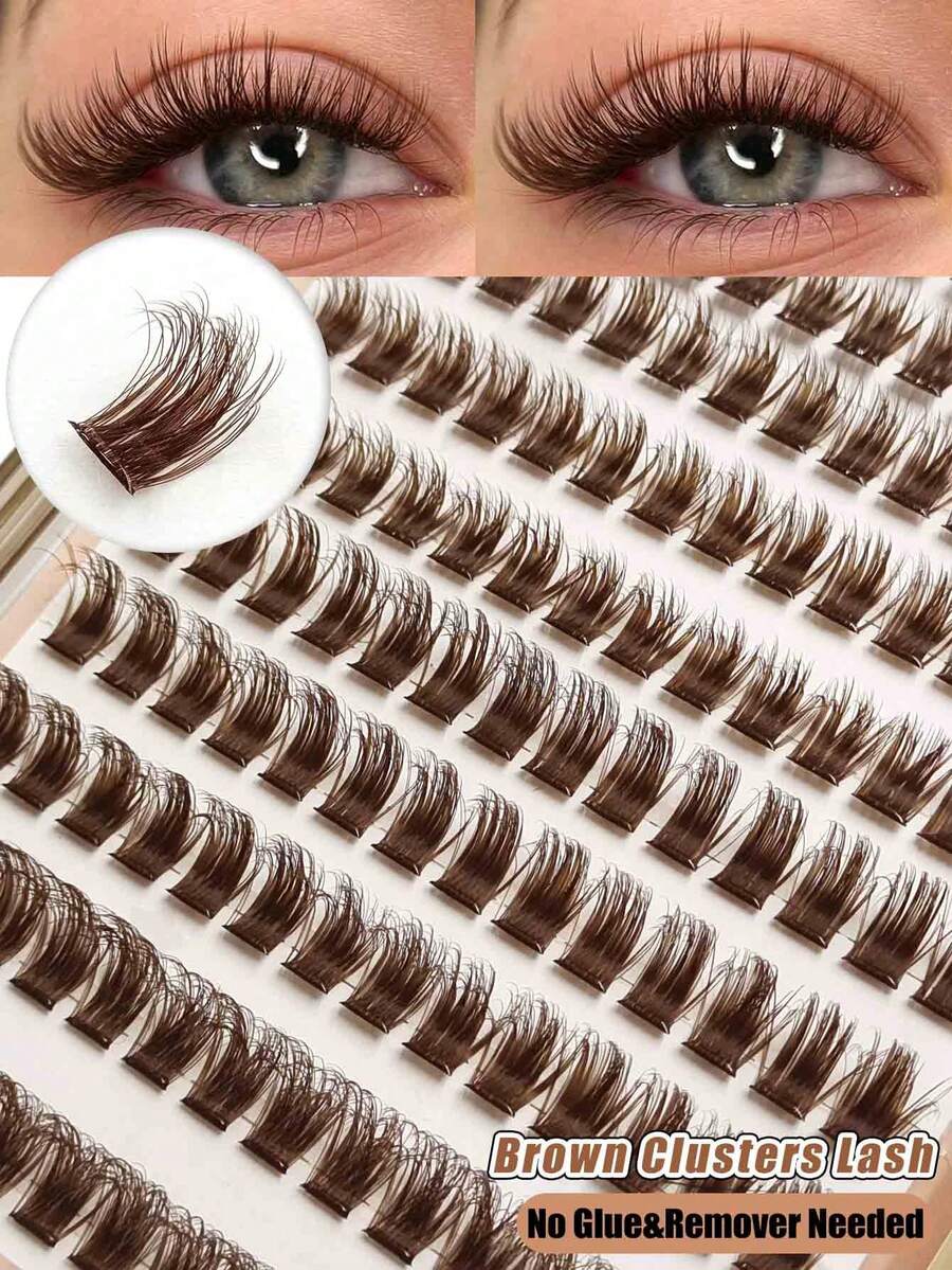 Asiteo 140pcs Glue-Free Fluffy Brown False Eyelashes D Curl Colorful Dense Brown Cat Eye Lashes, Self-Adhesive DIY Eyelash Extensions, Suitable For Home, Travel And Daily Makeup, Suitable For Beginners, Daily Life, Party, Travel, Music Festival - D - View 1