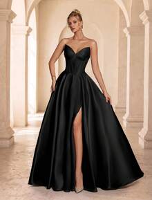 VIPGIRL Women's Solid Color Strapless Slit Pleated Elegant Cinched Waist Evening Dress - Black - View 1