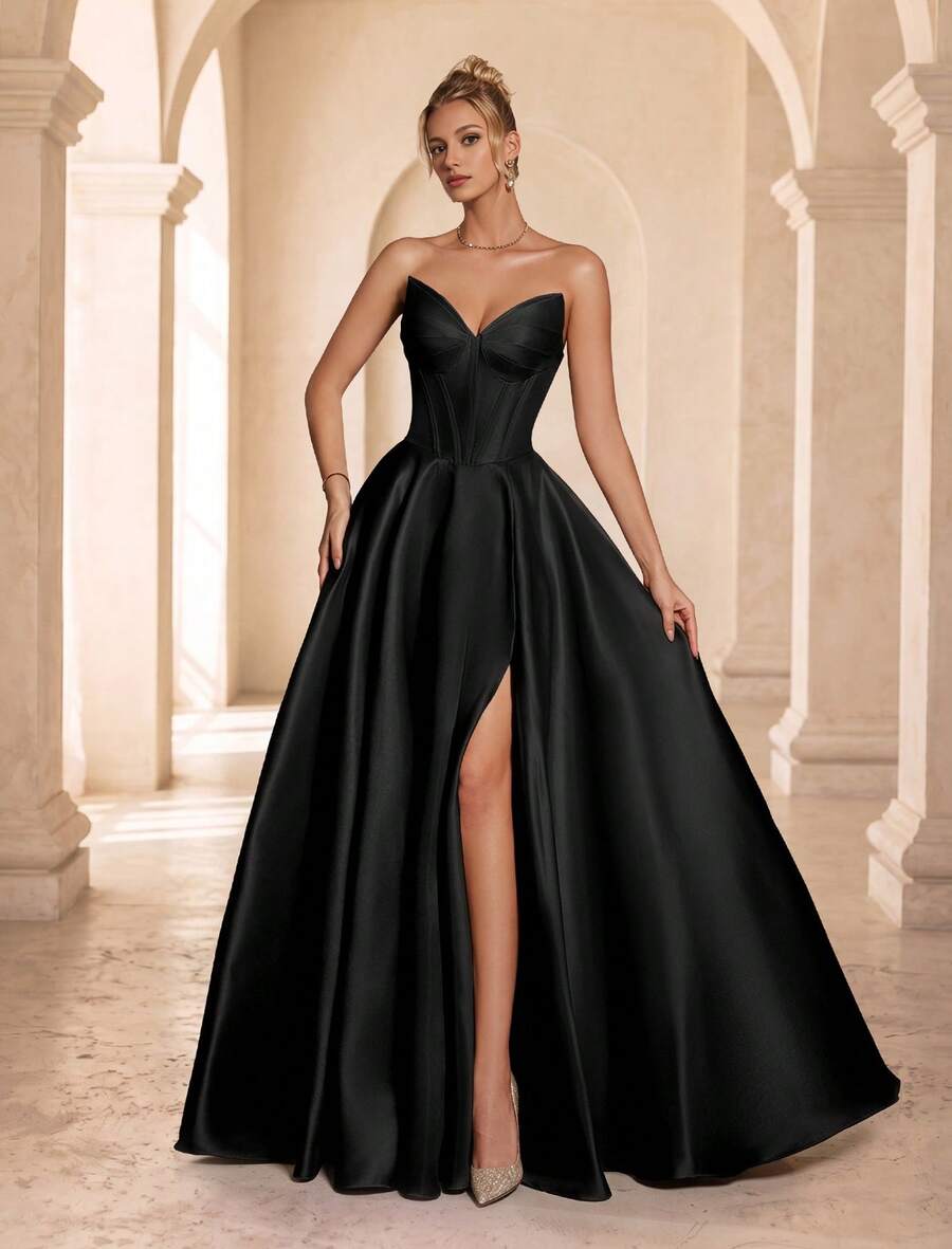 VIPGIRL Women's Solid Color Strapless Slit Pleated Elegant Cinched Waist Evening Dress - Black - View 1