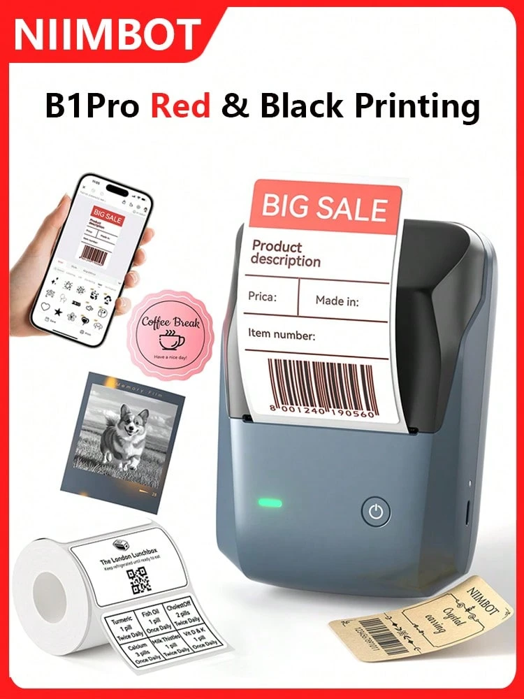 Printer Termal Mini NIIMBOT B1, Printer Portabel Saku, Mendukung Koneksi Bluetooth Nirkabel, Dapat Mencetak Stiker Label Barcode Putih Bulat - MultiWarna - View 1