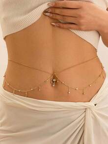 1pc Niche Design Rhinestone Waist Chain, Double Layer Draped Body Chain, Premium Gold Waist Accessory (Handmade Rhinestone Chain, Random Rhinestone Placement) - Multicolor - View 1