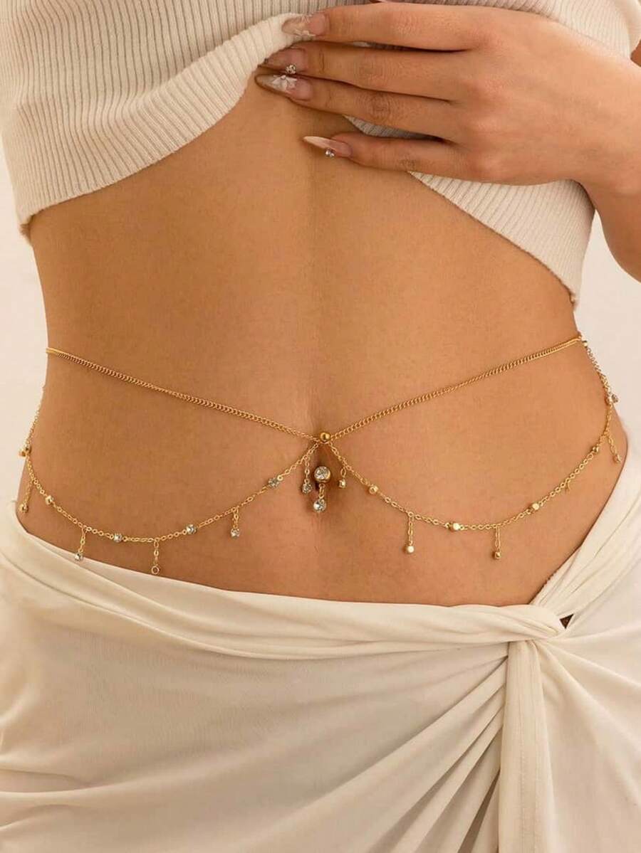 1pc Niche Design Rhinestone Waist Chain, Double Layer Draped Body Chain, Premium Gold Waist Accessory (Handmade Rhinestone Chain, Random Rhinestone Placement) - Multicolor - View 1