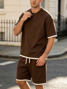 Men's Summer Contrast Color Round Neck Drop Shoulder Loose Casual T-Shirt And Drawstring Waist Shorts Set - Coffee Brown - View 5