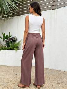 Women's Solid Olive Green Textured Elastic Waistband Faux Drawstring Wide Leg Casual Loose Full Length Pants - Light Brown - View 4