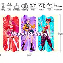 KPop Demon Hunters 冷色調女孩兒童派對場景，附生日派對背景布，裝飾主題牆，適合電子節奏慶祝活動、房間裝飾與展示道具 - 彩色 - 查看 11