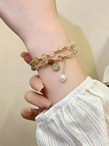 1 pieza Pulsera de doble capa con cuentas de colores, diseño premium, estilo de nicho, accesorio de mano exquisito - Multicolor - Ver 1