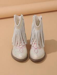 NILOSH Girls' Beige Glitter Tassel Decor Embroidered Side Zipper Round Toe Low Chunky Heel Western Cowboy Boots - Beige - View 2