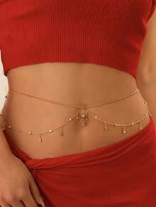 1pc Niche Design Rhinestone Waist Chain, Double Layer Draped Body Chain, Premium Gold Waist Accessory (Handmade Rhinestone Chain, Random Rhinestone Placement) - Multicolor - View 3